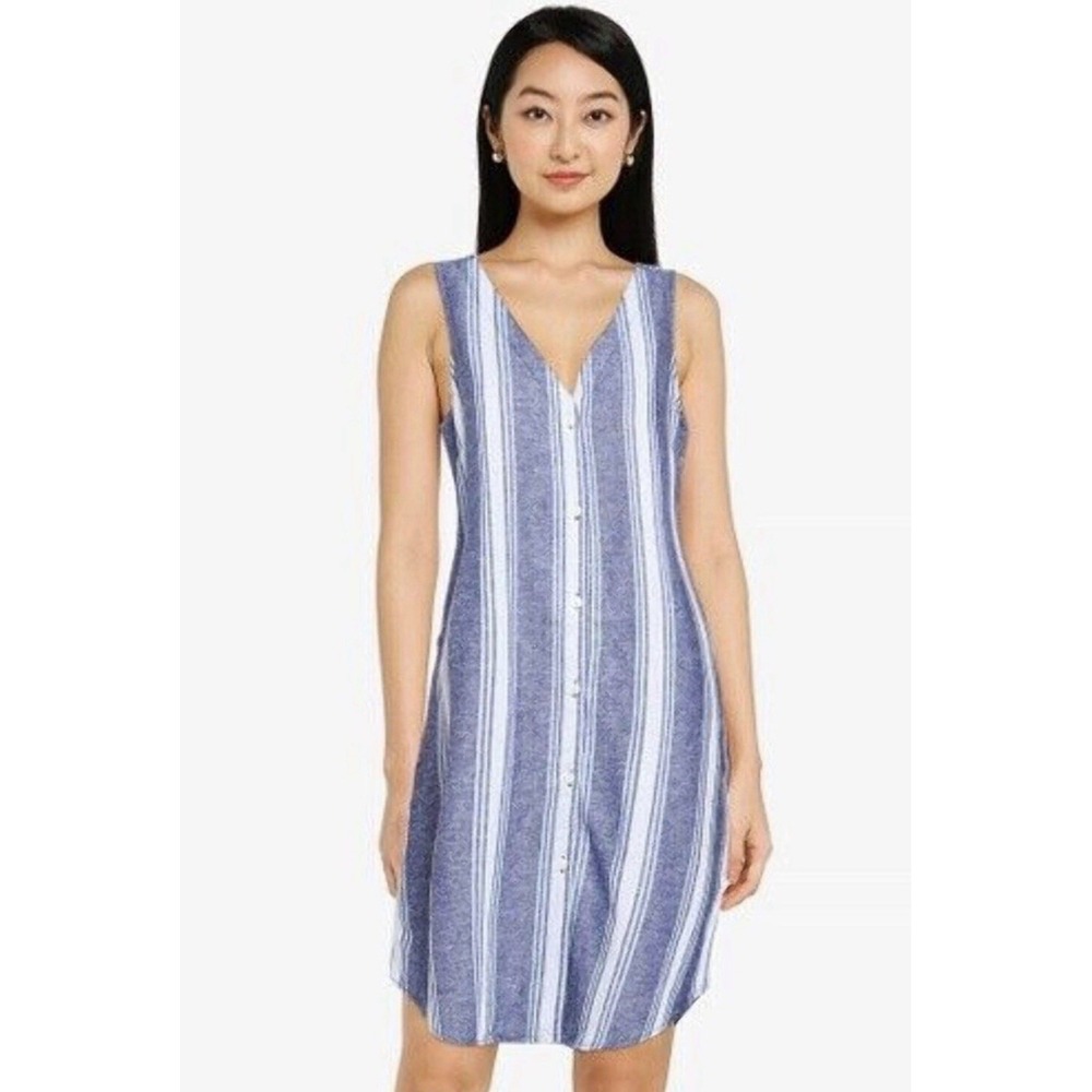 Gap Women's Sleeveless‎ Blue Striped Button-Front Linen Blend Shift Dress Small
